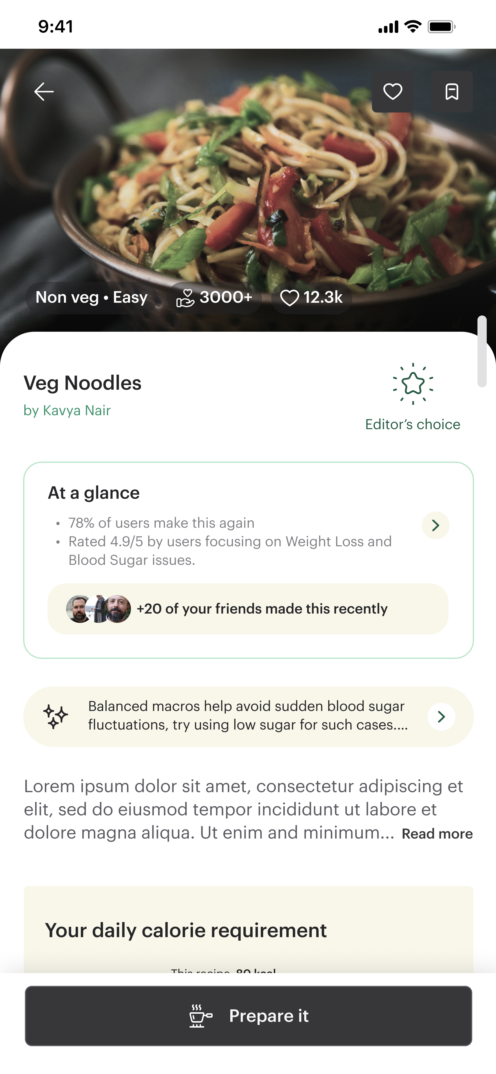 Recipe detail with an AI nutrition insight banner